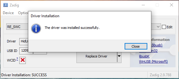 Zadig successful driver update